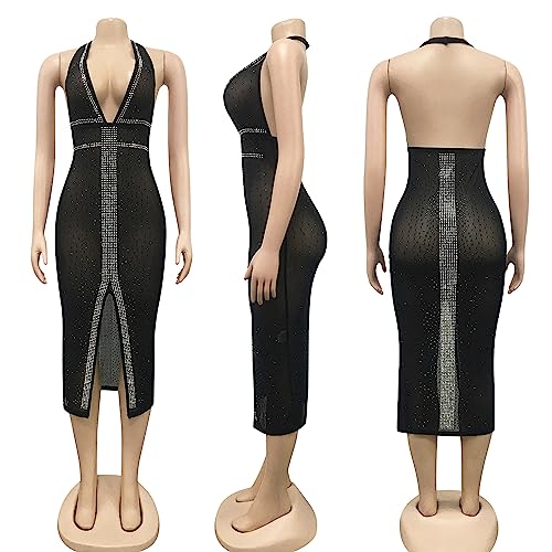 Image of PORRCEY Women's Sexy Rhinestone Mesh See Through Party Night Prom Dress