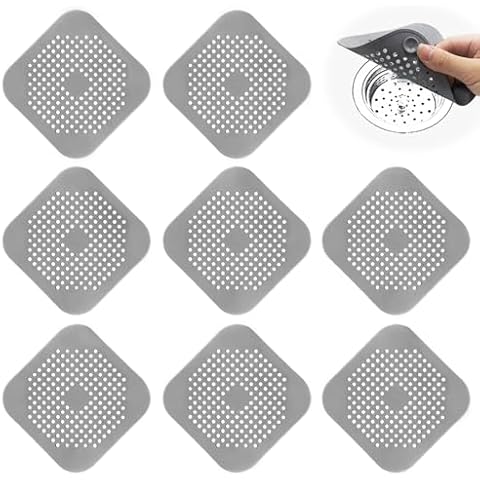Yoanxong 8 Pack Shower Drain Hair Catcher, Silicone Hair Catcher Shower Drain with Suction Cup, 5.5 Inch Shower Drain Catcher, Square Drain Cover Suitable for Bathroom, Bathtub, Kitchen (Grey) Cover