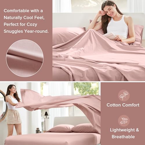 Comfort Spaces 100% Cotton Sheets Full, Breathable & Ultra Soft Cotton Sheets, Naturally Cool Cotton Bed Sheets with 14" Elastic Pocket Fits up to 16" Mattress, All Seasons Sheet Set, Pink 4 Piece