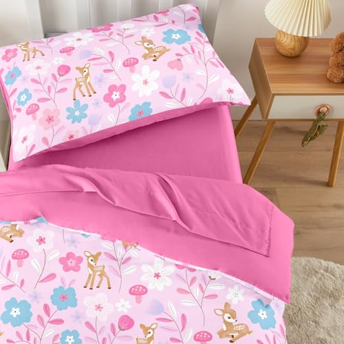 Image of Wake In Cloud - Floral Toddler Bedding Set for Girls, Cute Colorful Botanical Flowers with Deers, 4 Pieces Soft Crib Bed Set Including Comforter, Sheets and Pillowcase, Pink