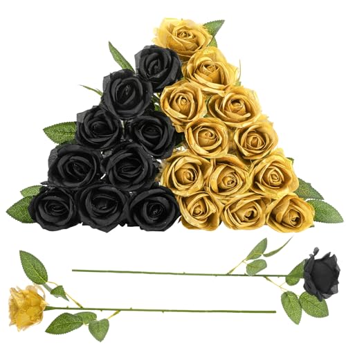Ovveroche 24 Pcs Black Glod Rose Artificial Flowers with Long Stem