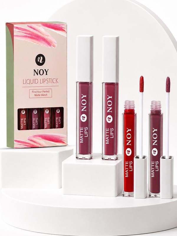 Image of Noy Lipsticks For Dark Skin Tone Women Long-Lasting Matte Shades for a Flawless Look - Nude Pink, Mauve Nude, Red Magenta, Dark Maroon Shades Pack of 4