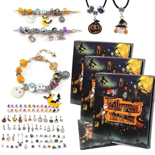 Halloween Treasures Charm Bracelet, Cute Halloween Charm Bracelet Adjustable Horror Pumpkin Spider Ghost Black Cat Pendant Bracelets for Women DIY Craft Decorations Gift Blind Box Kit