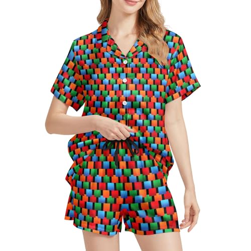 Image of Funny Pajamas for Women Set Print Satin Loungewear Pjs Short Sleeve Button Down Top and Shorts Sets Sleepwear XS-3XL