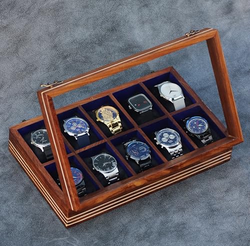 Image of Watch box for women & men, Wooden organizer, Handmade Holder For Men, Custom Valet Box with Brass Lock, Christmas, Anniversary, Valentine;s Day, Father's Day (brown 10 slots)