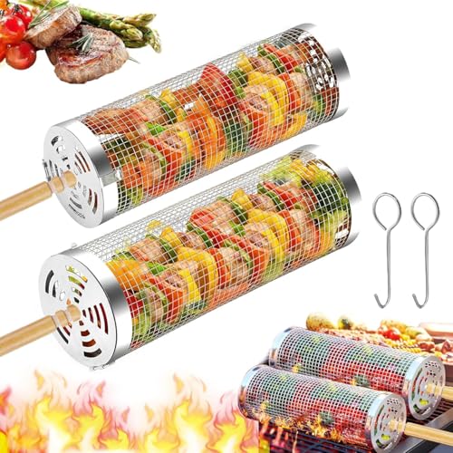 2 Pcs Rolling Grill Baskets for Outdoor Grill, Barbeque Grilling Accessories, Nesting Veggie Grill Baskets with Handle, Camping Grill, Bbq Grill Tools, Gifts for Dad Husband Birthday