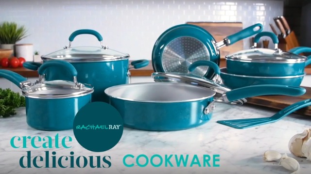 Rachael Ray Set Pentole In Alluminio 8 Pezzi Teal Shimmer - Antiaderente Con Coperchi In Vetro - 2