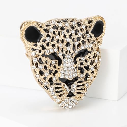 Image of Rheinstone Leopard Brooch Vintage Black Enamel Spotted Leopard Head Brooch Pin Gold Silver Black Leopards Brooch Trendy Clothing Hat Bag Accessories Christmas Birthday Party Jewelry