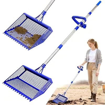 Chicken Poop Scooper & Rake 2-in-1, 304 Stainless Steel Shovel Head - 2X Waste Removal, Easy Clean Anti-Rust Litter Sifting Scoop, Cattle Pen & Beach Sand | Back-Knee Friendly Chicken Coop Accessories