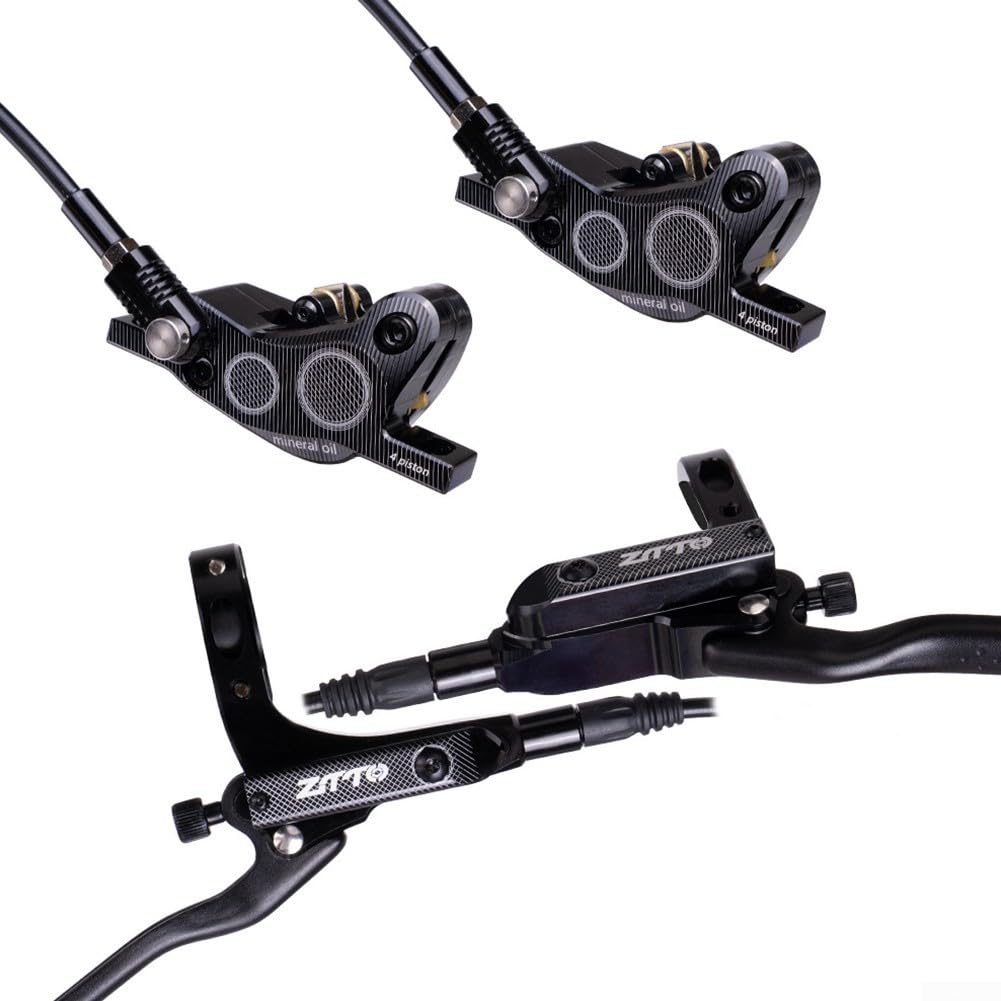 Juego de frenos de disco hidráulicos, aleación de aluminio de 4 pistones, diseño izquierdo delantero derecho trasero para ciclismo de montaña, opciones disponibles en negro, rojo, azul