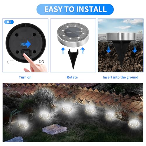 Jsdoin 6PCS Solar Floor Lights Outdoor, 8 LED Lights Waterproof Outdoor Light, IP68 Garden Light Stainless Steel Solar Lamp for Walkway, Terrace, Outdoor, Lawn, Entrance (White) - Image 5