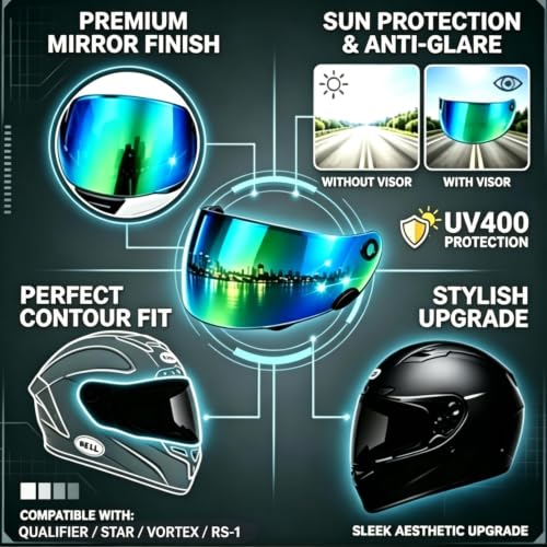 Image of PSLER Shatterproof Helmet Visor for Bell Qualifier,Color Green | Impact-Resistant ,UV400 Protection, Motorcycle Tinted Face Shield Replacement for Bell Qualifier /Star /Vortex /RS-1 /Revolver
