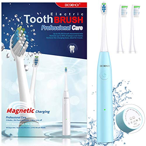 BESCHOI Cepillo de Dientes Eléctrico,Cepillo Eléctrico Dientes Sónico con 5 Modos, Impermeable IPX7, 2 Cabezales de Cepillo, Carga magnética USB, Carga de 3 Horas Durante 30 días para Placa - Azul