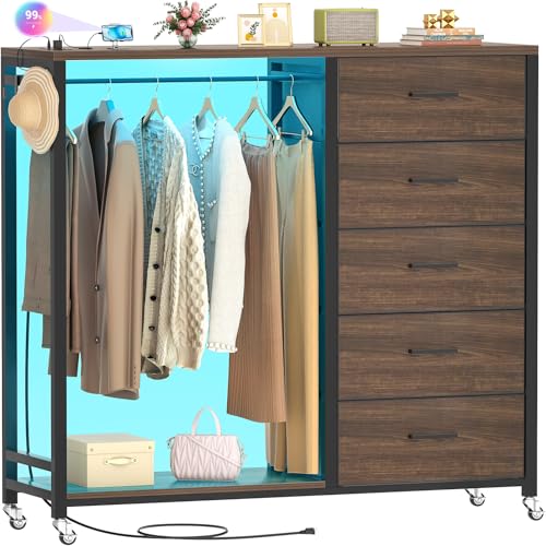 Image of Cyclysio Dresser for Bedroom with Clothes Rack, 5 Drawers Dresser with Charging Station & LED Lights, Storage Chest of Drawers, Wooden Top, Bedroom, Closet, Red Oak