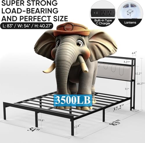 Image of J.Fkne Full Bed Frames with Charging Station and LED Lights, Full Size Platform Bed with Metal Slats, Upholstered Headboard with 2-Tier Storage Shelves, No Box Spring Needed, Easy Assembly, Black