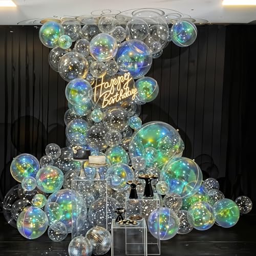 Image of 14 Pcs Iridescent Round Foil Balloons Mermaid Holographic Balloons | Iridescent Clear Balloon Mylar Balloon for Girls Mermaid Kpop Under The Sea Rainbow Birthday Wedding Disco Party Decoration