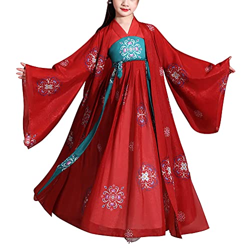 HUAHUA Deluxe Chinese Princess Hanfu Dress Tang Dynasty Child Ancient Ruqun Wide Sleeve Big Swing Costume Asian Outfit (18-Red(Dress+Cloak), Height 52 in), hanfu for girls