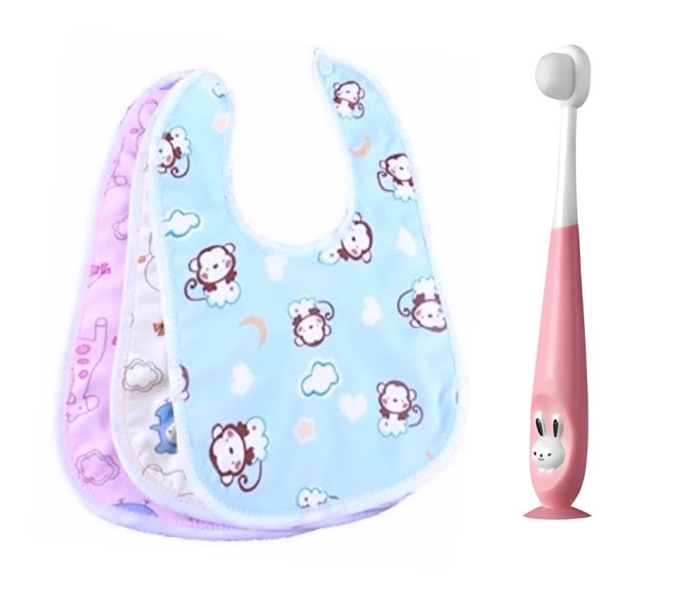 BABY FEEDING 3 TICH BUTTON BIBS AN 1 BPA FREE SOFT BRISTLE TOOTH BRUSH FOR KIDS pack of 4 pieces (PINK, standard)-image-6