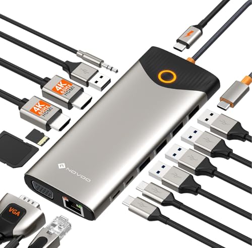 NOVOO 15 en 1 USB C Docking Station Triple Display USB C Hub Dual 4K @60Hz HDMI Adapter mit VGA Gigabit Ethernet, 5USB-A/2USB-C Data Ports,100W PD,SD/TF,Audio/Mic Multiport Dock para MacBook Dell