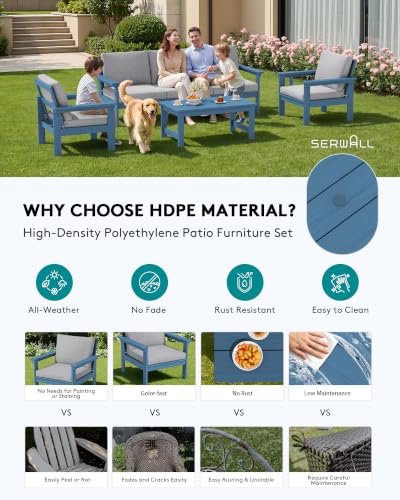 Image of SERWALL HDPE Outdoor Patio Furniture Set Outdoor Couch | All Weather Outdoor Sectional with Coffee Table, Blue Frame & Gray Cushions