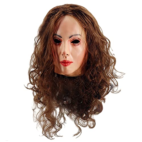 Realistic Latex Female Woman Face Mask Halloween Latex Mask with Wig Lady Crossdressing Sissy Transgender Costume