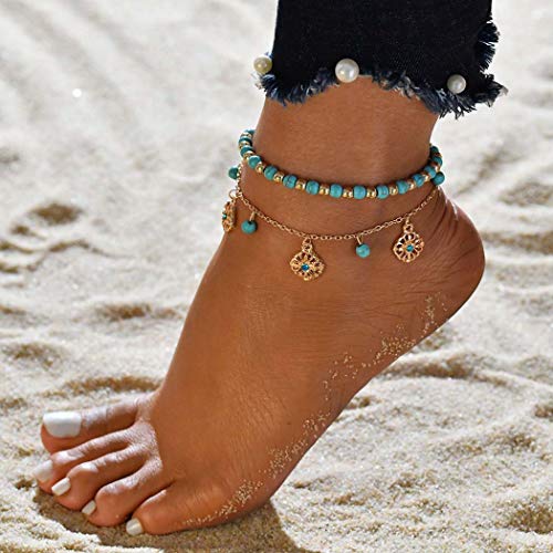 Preisvergleich Produktbild Jovono Boho Blau Türkis Fußkettchen Mehrschichtige Perlen Blume Fußkettchen Armbänder Strand Fuß Schmuck für Frauen und Mädchen