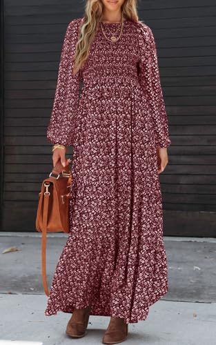 Image of PRETTYGARDEN Women's Fall Dresses 2026 Long Sleeve Flowy Casual Floral Maxi Dress Crew Neck Smocked Tiered Long Dress