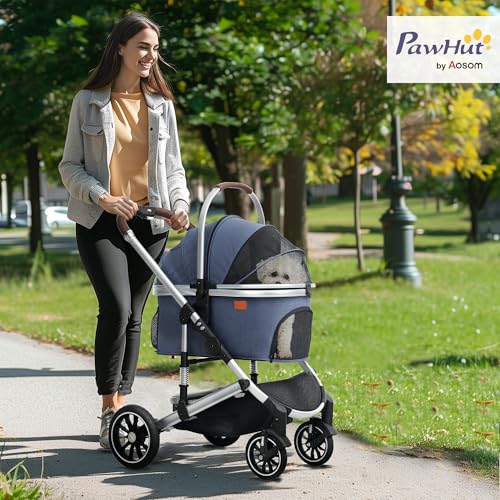 PawHut Hundewagen 3 in 1 Hundebuggy klappbar für Hunde & Katzen bis 10 kg Katzenbuggy mit Kissen Netzfenstern Türen Aufbewahrungskorb Katzenwagen Buggy Dunkelblau