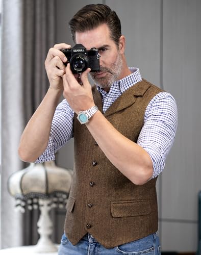 Men's Herringbone Tweed Suit Vest Casual Wool Blend Waistcoat Western Classic Mens Vest4