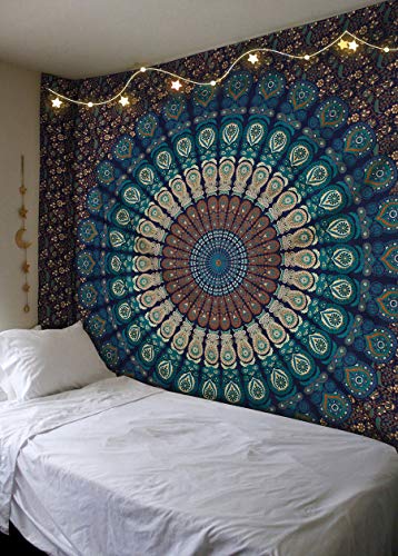 Madhu International Hippie Mandala Tapestry Bohemian Psychedelic Peacock Mandala Cotton King Size Tapestry Wall Hanging 90 x 108 Inches, Blue Green