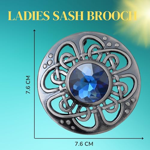 Image of Elegant Culloden Plaid Brooch - Scottish Kilt Fly Plaid Brooch Intricate Celtic Knot in Pewter with Gemstone 3-Inch Diameter - Ideal for Scottish Kilts & Formal Wear