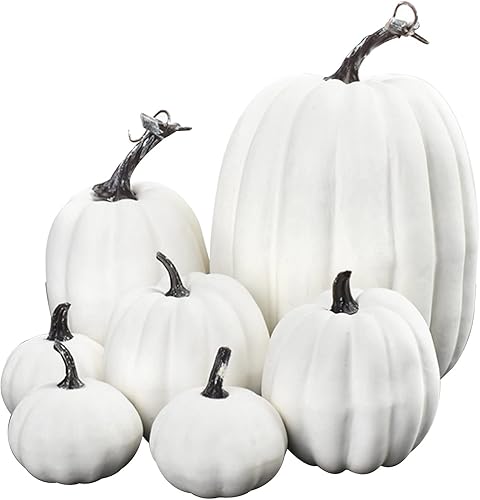 Miniatura 7 de Lucakuins 7 calabazas artificiales para decoración de otoño, calabazas sintéticas surtidas, lindas calabazas de espuma para decoración del hogar y