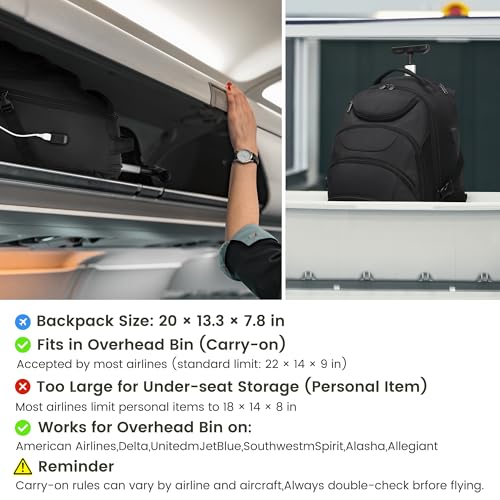 Boavan Rolling Backpack,17 inch Water Resistant Wheeled Backpack,Carry on Luggage Business Bag, Overnight College Computer Trolley Suitcase for Men Women Adults to Travel,Black - Image 4