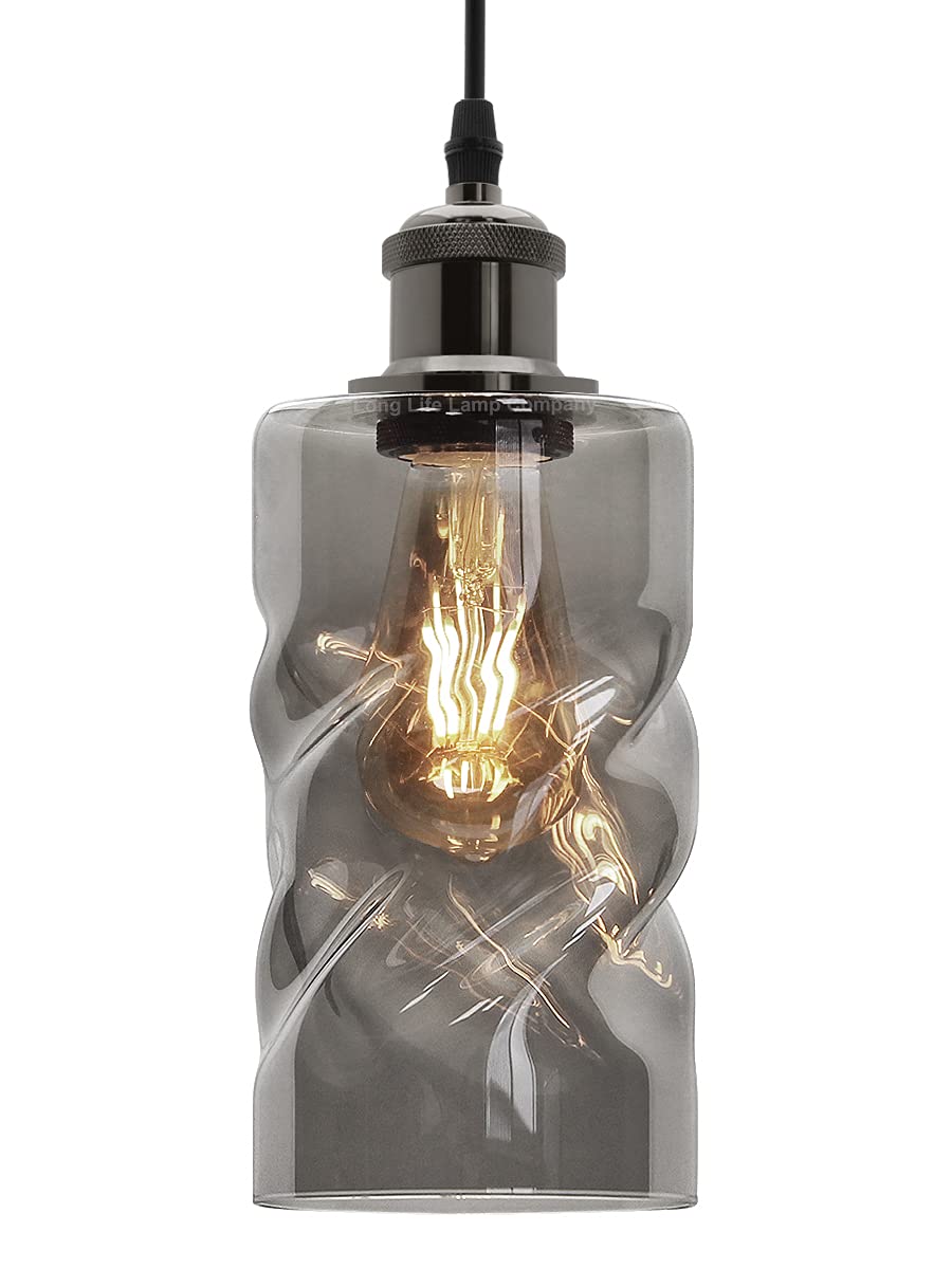 Retro Vintage Glass Pendant Light Grey Smoked Ceiling Lamp Shade Twisted Antique Black Nickel Holder M0242