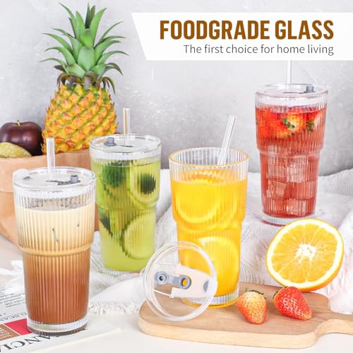 Image of KELVEE Ribbed Glass Tumbler with Lids and Straw Pack of 1, 600ML Aesthetic Iced Coffee Mug Sipper Bottle, Mason Drinking Cup for Green Tea, Juice, Cocktail, Matcha Cold Drinks Travel Mug (Lining)