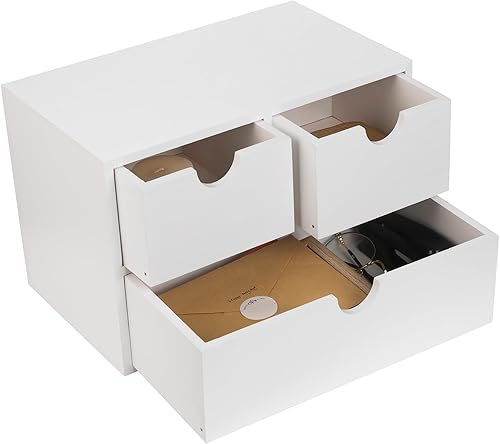 Organizador de escritorio rústico de madera envejecida de 3 niveles con 3 cajones, mini estante de almacenamiento para escritorio, artículos de