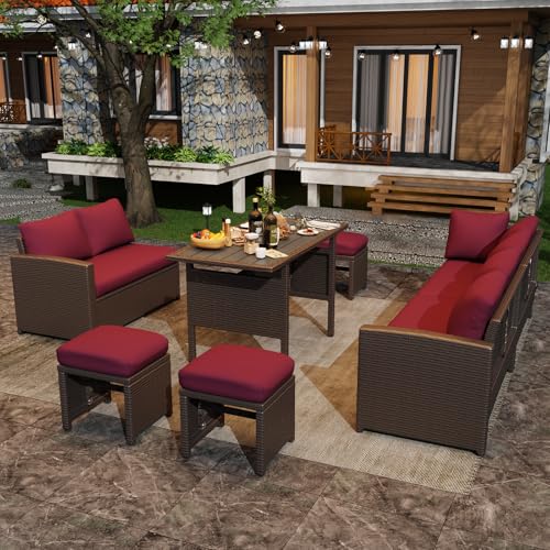 Image of U-MAX 7 Pieces Patio Furniture Set with Waterproof Cover, Outdoor Sectional Sofa Conversation Set, All Weather Wicker Rattan Dining Table & Chair with Ottoman, Brown Rattan&Wine Red Cushion