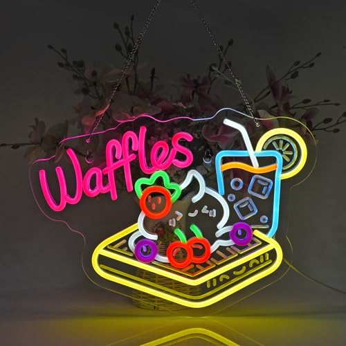 Image of Waffles Neon Sign, Neon Lights Hanging Wall Art Decoration for Store Retail Shop Market Grocery Bakeries Dessert Cafe Celebration Home Decor,USB Powered Ultra Bright Dimmable,15.75x11.8inches