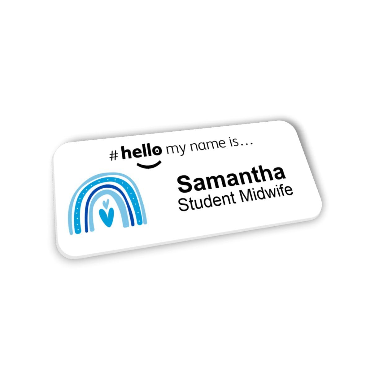 Customised Print Hello My Name is Blue Boho Rainbow Name Badge 76 x 32 mm Student Doctor GP Healthcare Assistant Nurse Practitioner Clinical Medical