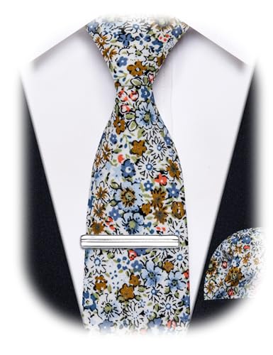 Image of YourTies Cotton Floral Tie for Men 2.5 inch Printed Skinny Necktie Pocket Square Tie Clip Set Flower Wedding Party Groom