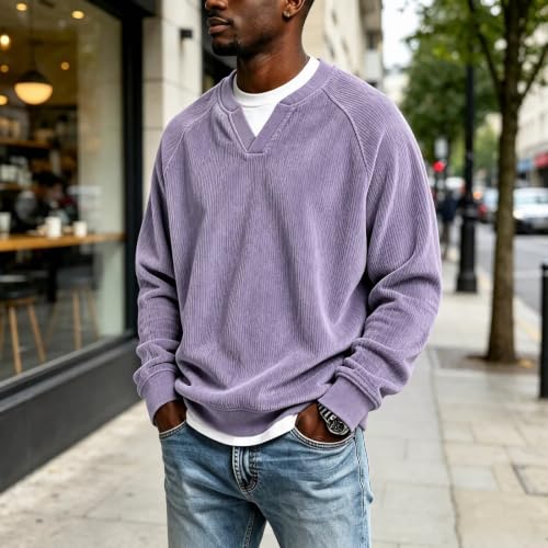 Mens Corduroy Shirt Long Sleeve Layered Top V Neck Tshirts - image 2