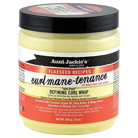 Aunt Jackie's Flaxseed Recipes Curl Mane-tenance, Lightwieght Anti-Poof Defining Curl Whip, Enriched with Flaxseed, Argan Oil and Shea Butter, Great for Dry and Frizzy Hair, 15 Oz Jar, Orange Cover