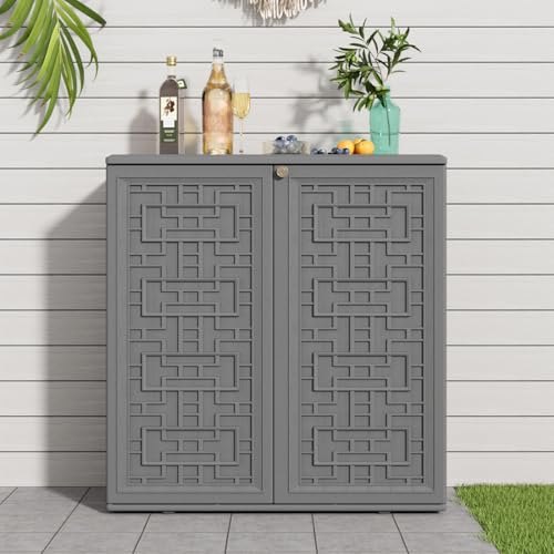 Image of KINYING Outdoor Storage Cabinet Waterproof, Resin 62 Gallon Deck Box for Patio Furniture Cushions, Garden Tools, Pool Tools and Kids' Toys (Grey with 1 Shelving)
