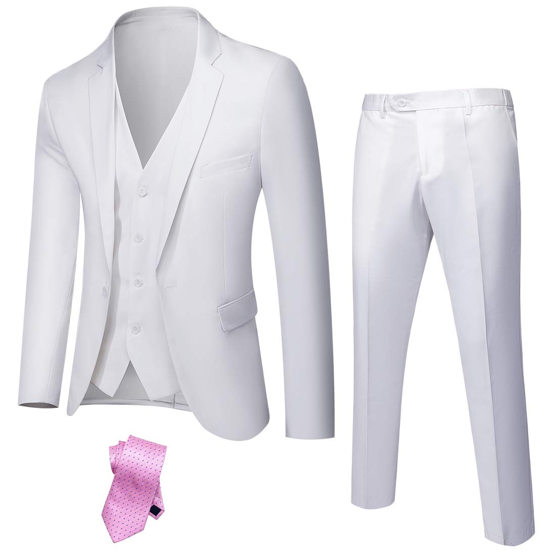 YNDMen's Slim Fit 3 Piece Suit, One Button Solid Jacket Vest Pants Set with Tie