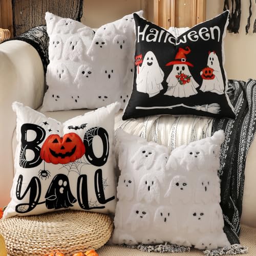 TOYPOPOR Halloween Decorations, 2 Packs Double Sided Ghost Pillow Covers, Soft Faux Fur Throw Pillow Cases, Indoor Outdoor Couch Cushion Case for Fall Autumn Bedroom Living Room Home Decor 16''x16''