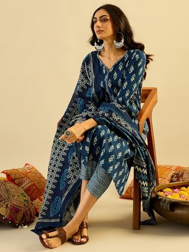 Image of INDO ERA Women's Pure Cotton Printed Kurta Pant with Dupatta Set