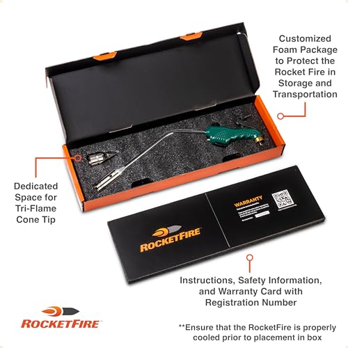 ROCKETFIRE Fire Starter Torch | Perfect Propane Torch Head, Grill Gun, Charcoal Torch | Compatible with Bernzomatic Propane & MAP/PRO Fuels | Stainless Steel Tri-Flame Tip | Fuel NOT Included | Green