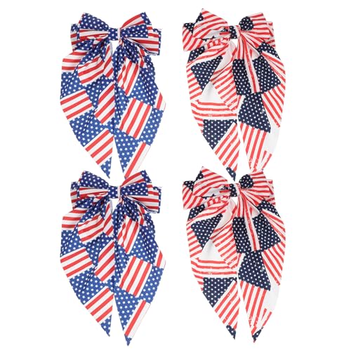 Lurrose Accesorios Cabello Patrióticos para Mujer y Niña con Lazo Largo y Estampado de Estrellas y Rayas, 4 Piezas de Tela para Uso Diario y Reuniones Familiares