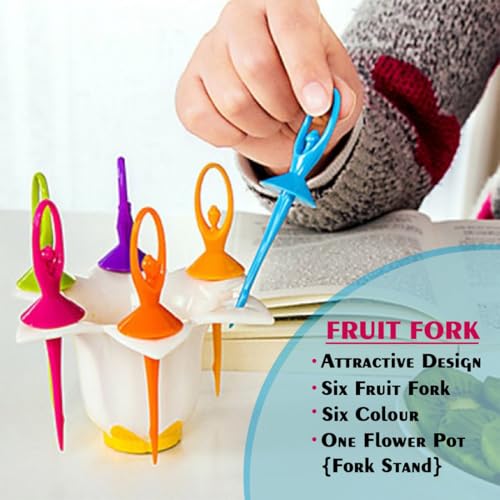Image of Dancing Doll Fruit Fork Cutlery Set with Stand, Multicolor | Fun & Practical | Reusable & Easy to Use | Pack of 6