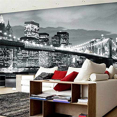 YIERLIFE Auto-adhésif 3D muraux Stickers Amovibles - New York Manhattan Bridge Noir et Blanc soirée/Nuit - Peinture Murale 3D Moderne Art Fond d'écran Art Fond Décoration Vintage Salle de Sport Yoga